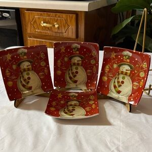 Festive Snowman Holiday Plates Set/4- Red and White